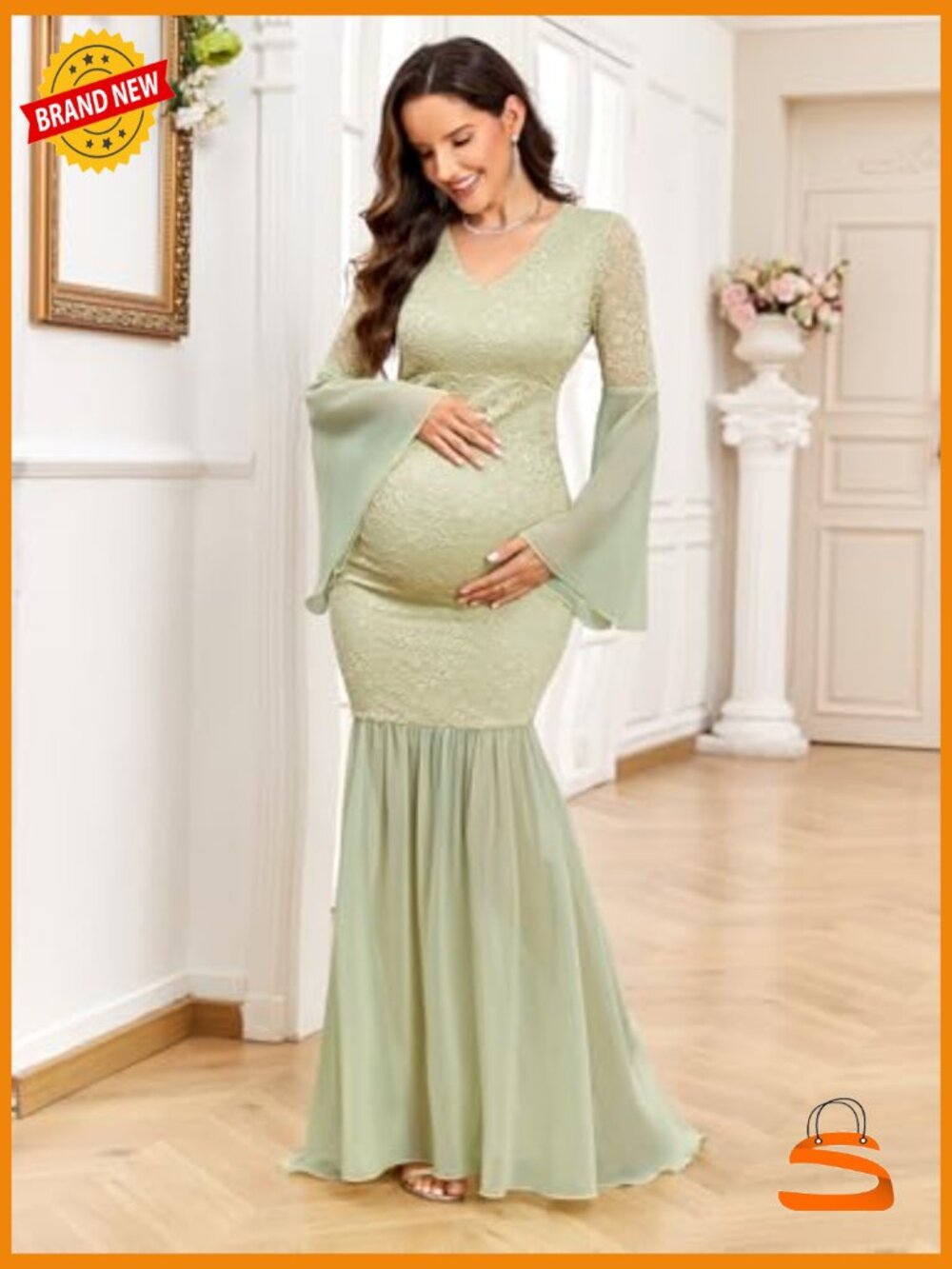 Maternity Lace Chiffon Mermaid Gown Bell Sleeve V-Neck Maxi Dress Photoshoot - Picture 5 of 7
